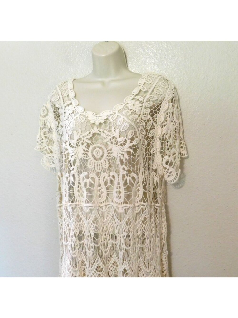 Crochet Lace Tunic Top Womens XL Cream Short Sleeves Boho Style - Picture 2 of 8